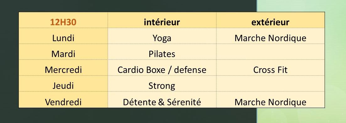 Les horaires des cours au Studio Fitness