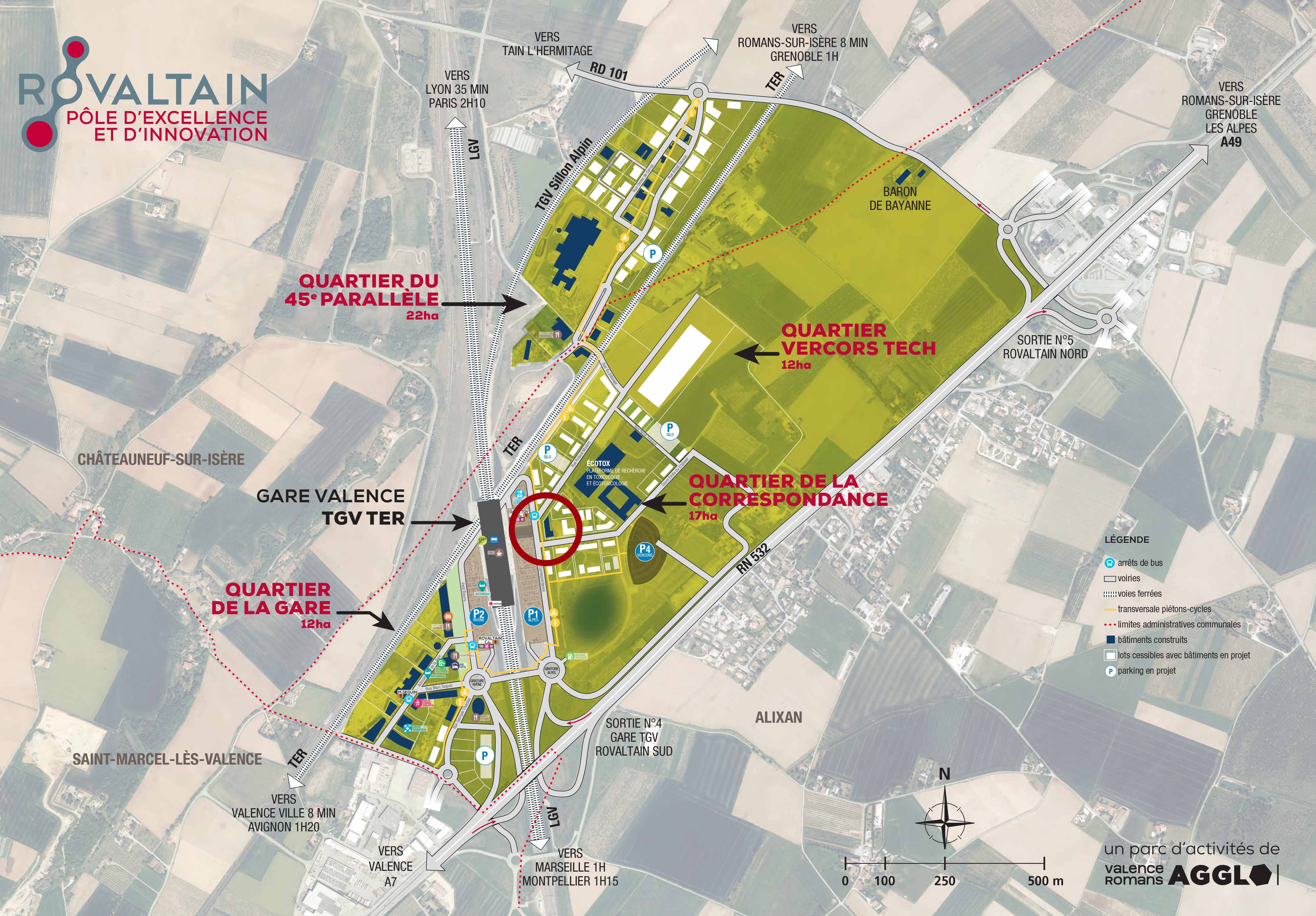 Localisation du M3, batiment tertiaire en front de gare Valence TGV, à Rovaltain