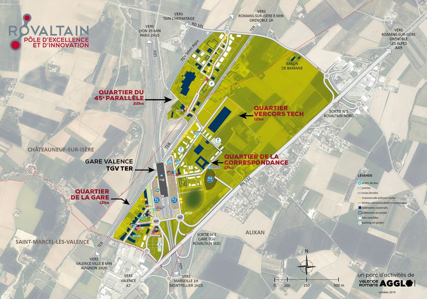 Plan des quartiers de Rovaltain. 4 quartiers pour accueillir des activités tertiaires, scientifiques et industrielles