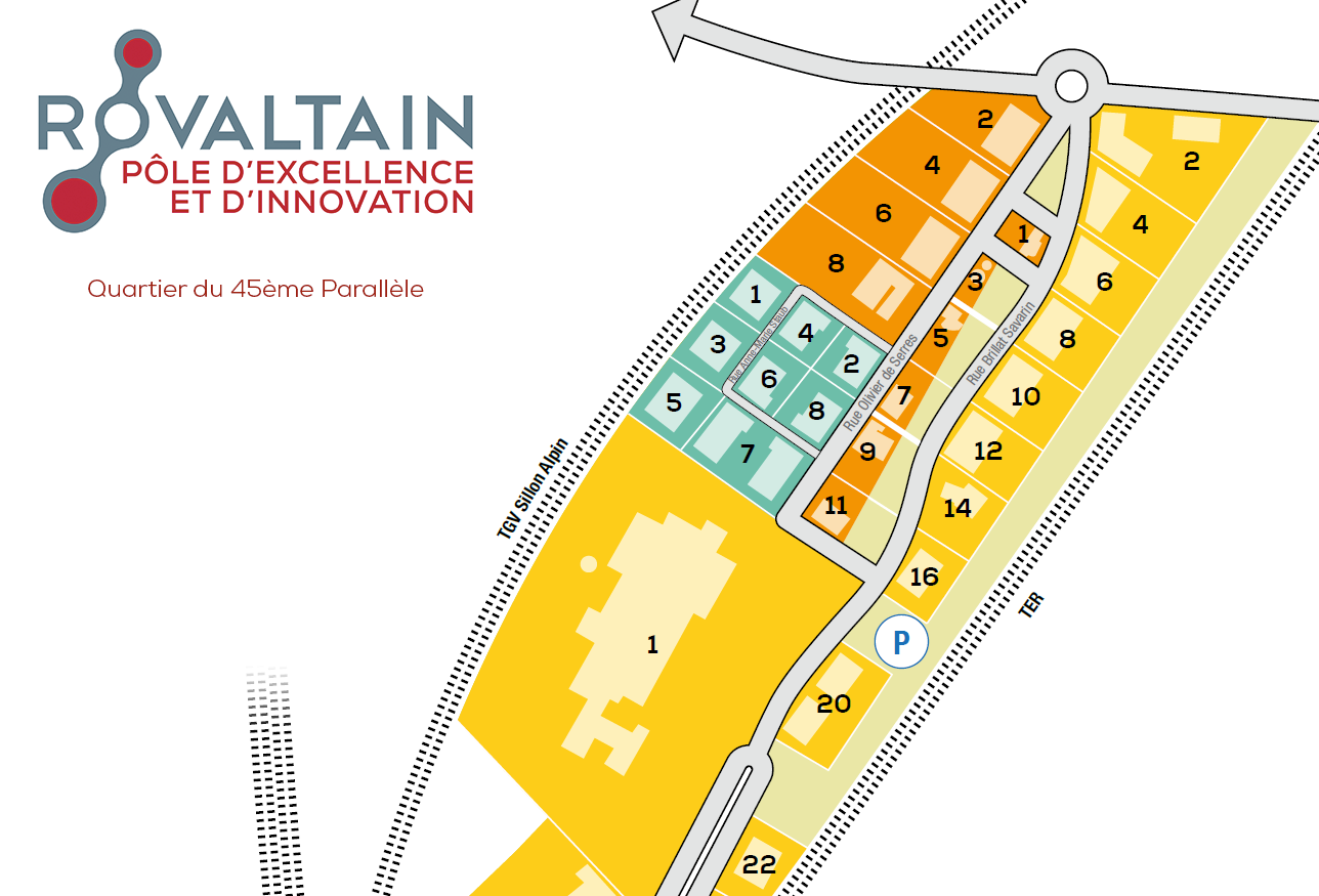Actuellement au 11 rue Olivier de Serres, Prodeval va traverser la rue pour construire au 7 Rue Anne Marie Staub. Plan du Quartier du 45ème Parallèle, à Rovaltain. Prodeval s'installera en face de son actuel bâtiment