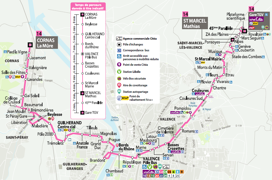 Ligne 14 de Citéa pour relier Rovaltain, l'Ardèche et Valence centre. 5 arrêts de bus à Rovaltain