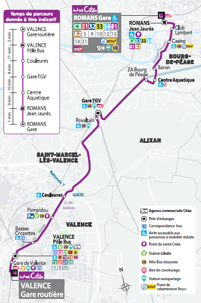 Trajet de la ligne de transport en commun interCitéa, qui passe par Rovaltain - Valence TGV