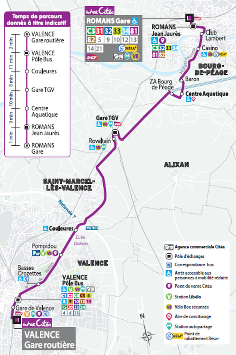 Trajet de la ligne de transport en commun interCitéa, qui passe par Rovaltain - Valence TGV