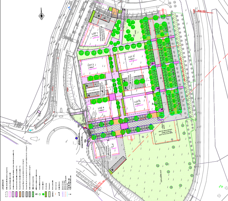 Plan du Quartier de la Gare, à Rovaltain Valence TGV. Lots pour implantations d'entreprises. Tertiaire et service.